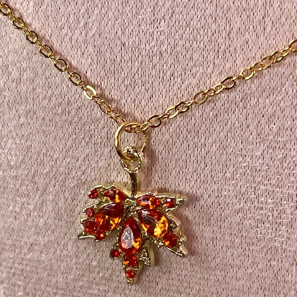 Tangerine Quartz Leaf SET. Earrings and Pendant Necklace. 14k plated - Picture 3 of 8